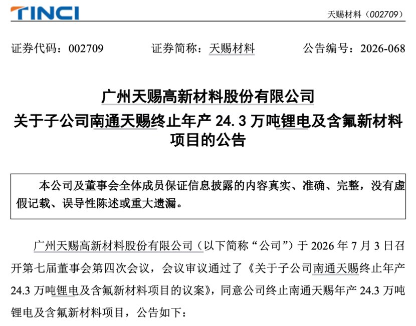 A股锂电电解液龙头宣布终止重大项目！影响多大